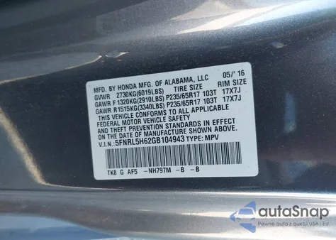 2016 Honda Odyssey Ex-L from USA, damaged, VIN 5FNRL5H62GB104943